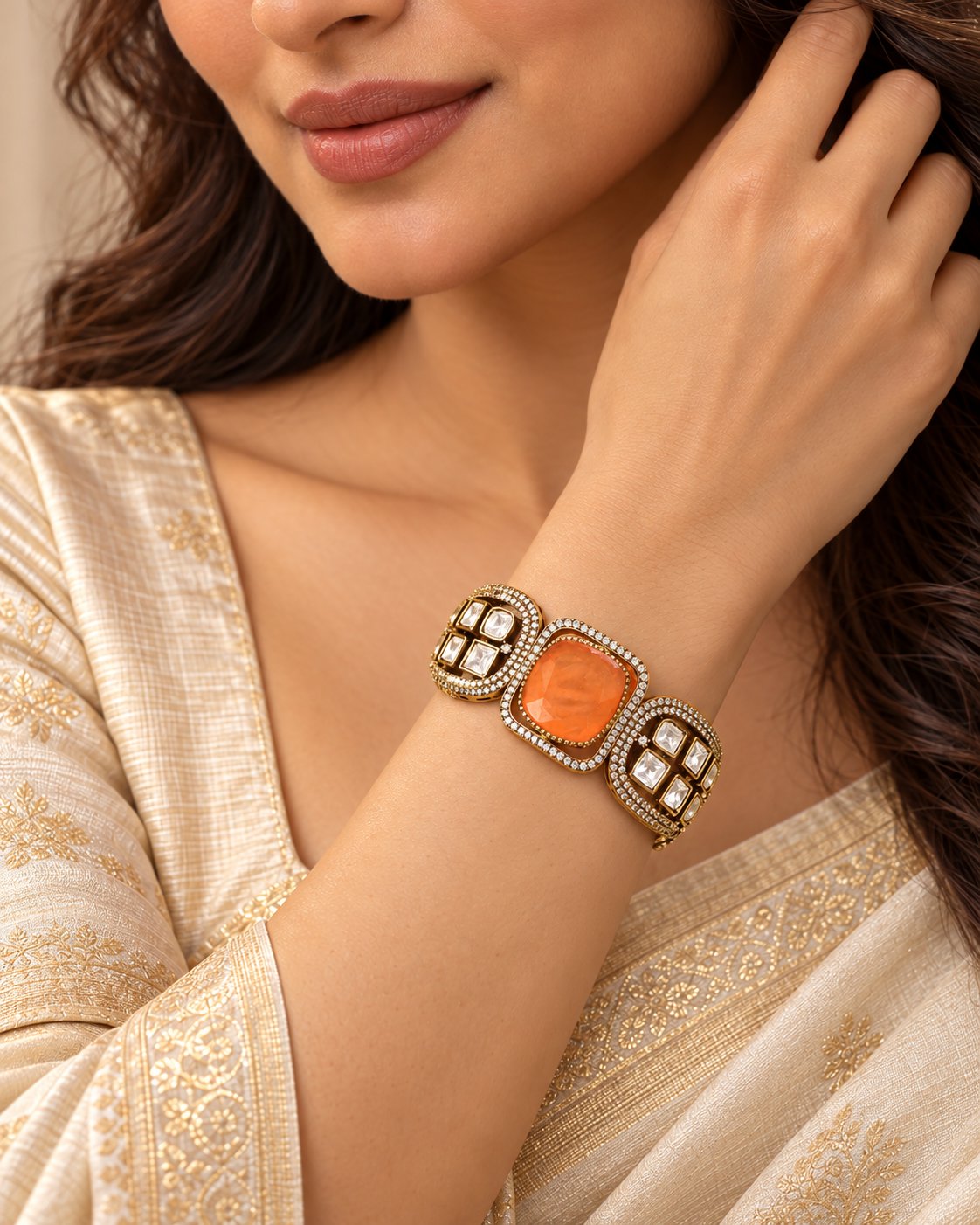 Cushion Centre Stone and Clear Panel Kada - Orange — AI-styled model view
