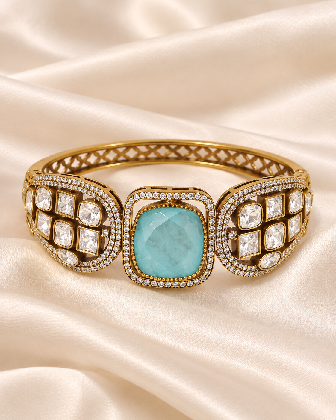 Cushion Centre Stone and Clear Panel Kada - Aqua — AI-styled closeup view