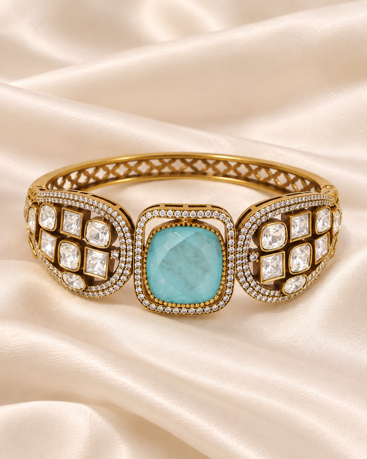 Cushion Centre Stone and Clear Panel Kada - Aqua — AI-styled closeup view