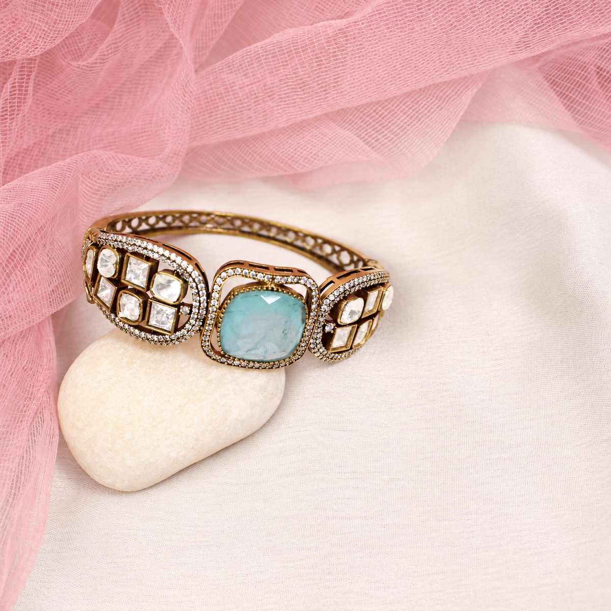 Cushion Centre Stone and Clear Panel Kada - Aqua — retouched original photograph IMG_8081