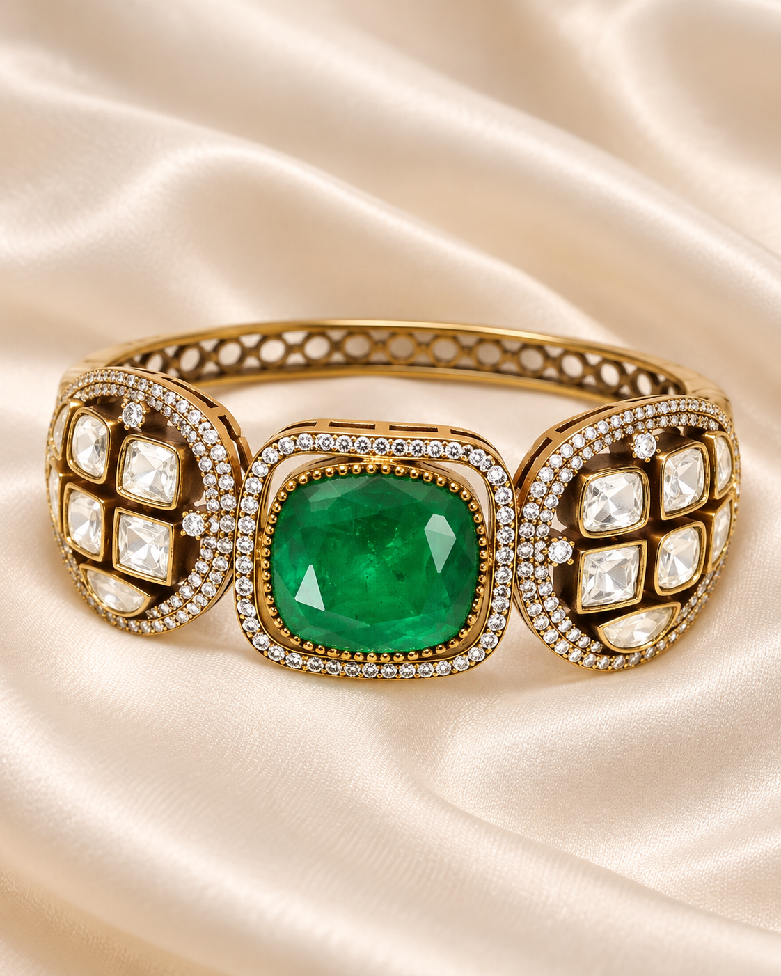 Cushion Centre Stone and Clear Panel Kada - Green — AI-styled closeup view