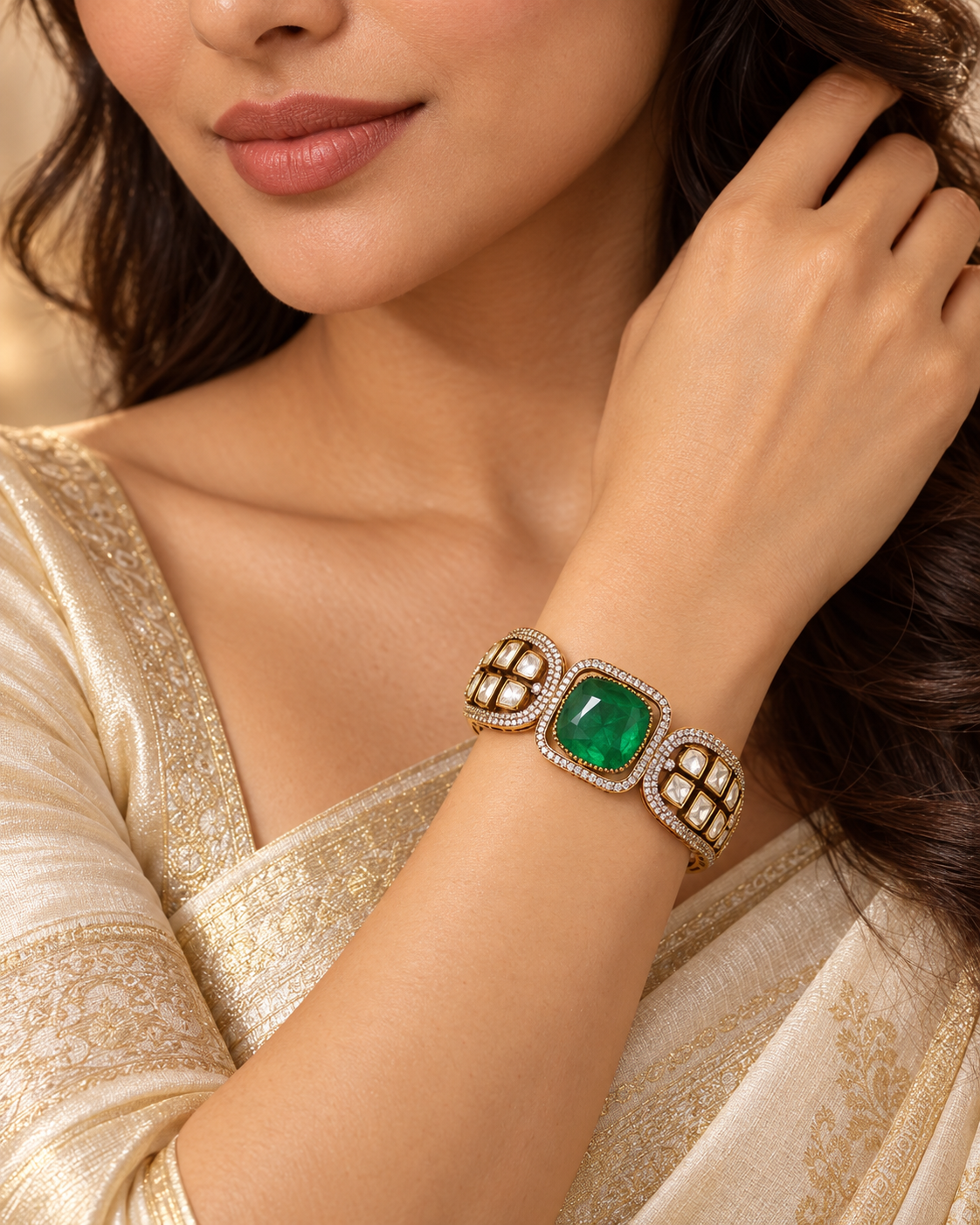 Cushion Centre Stone and Clear Panel Kada - Green — AI-styled model view