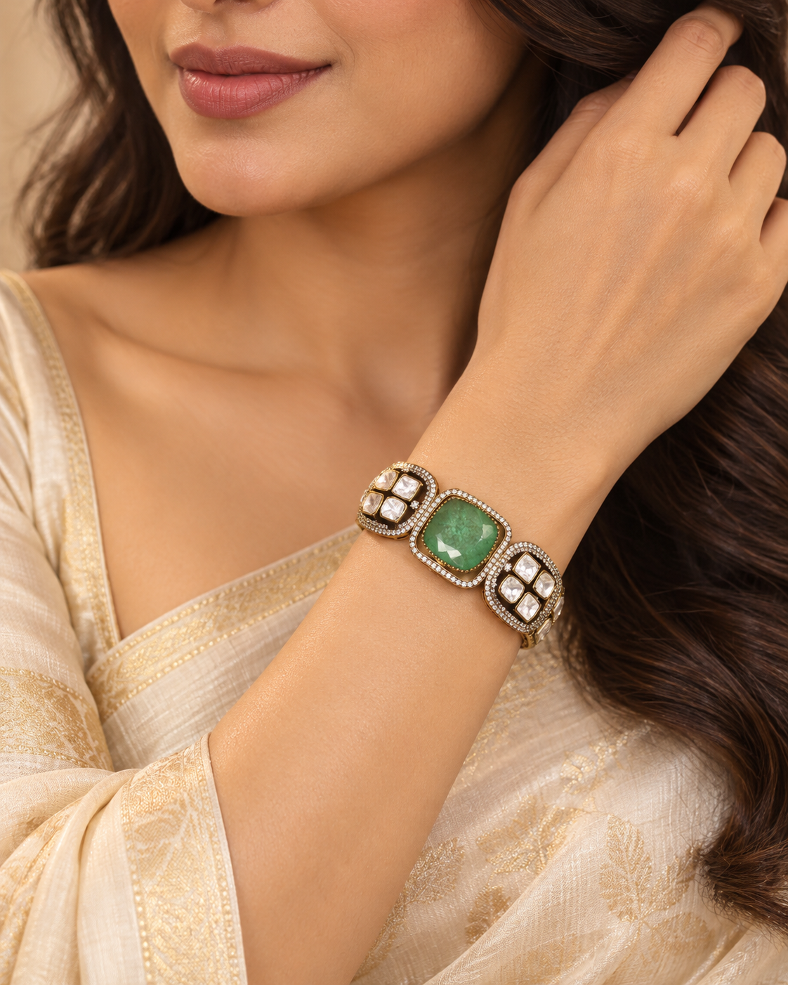 Cushion Centre Stone and Clear Panel Kada - Mint — AI-styled model view