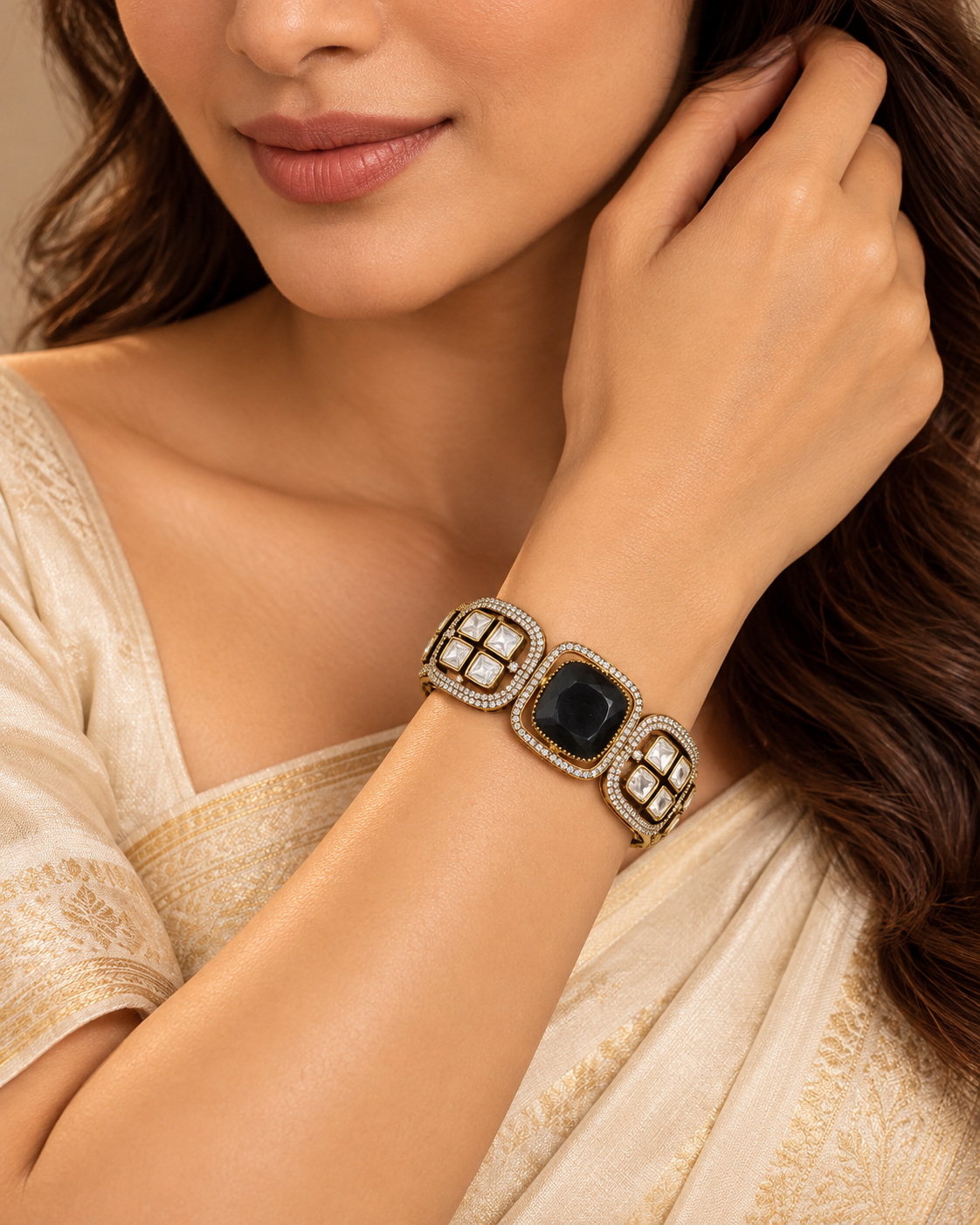 Cushion Centre Stone and Clear Panel Kada - Black — AI-styled model view