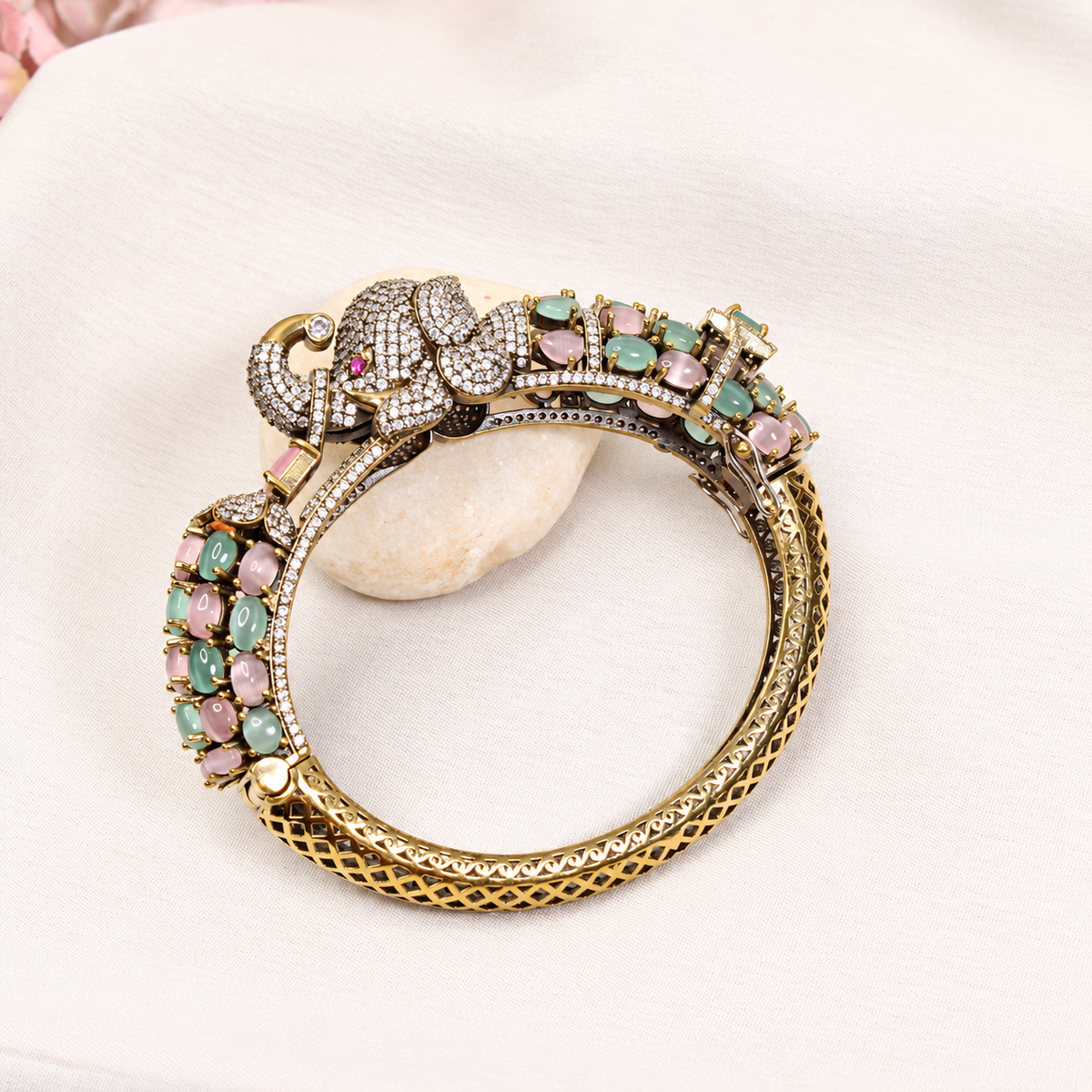 Elephant Motif Stone-Studded Openable Kada - Pink and Mint — retouched original photograph IMG_7816