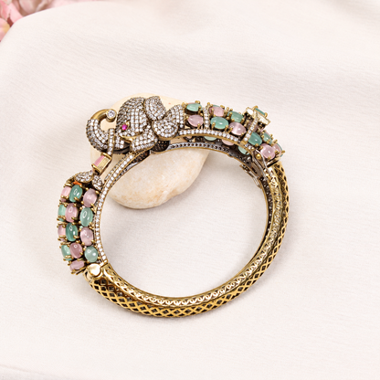 Elephant Motif Stone-Studded Openable Kada - Pink and Mint — retouched original photograph IMG_7816
