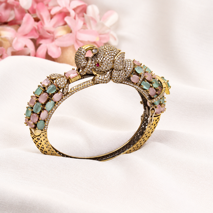Elephant Motif Stone-Studded Openable Kada - Pink and Mint — retouched original photograph IMG_7817