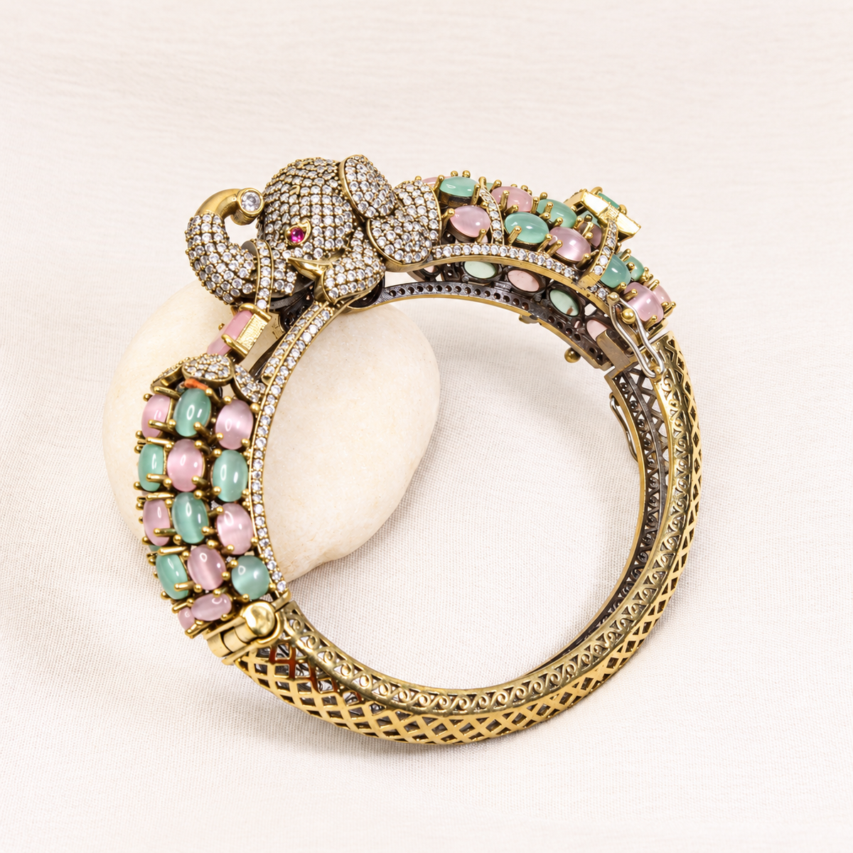 Elephant Motif Stone-Studded Openable Kada - Pink and Mint — retouched original photograph IMG_7828