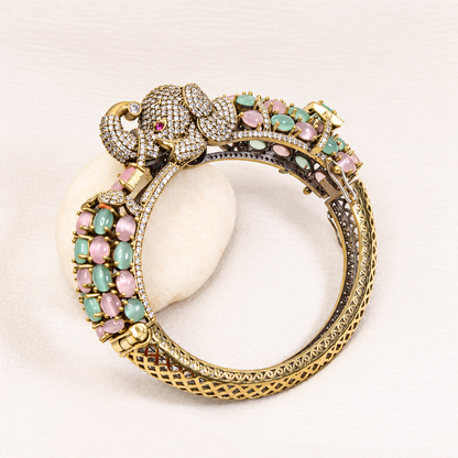 Elephant Motif Stone-Studded Openable Kada - Pink and Mint — retouched original photograph IMG_7828