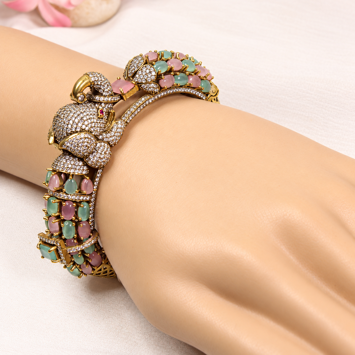 Elephant Motif Stone-Studded Openable Kada - Pink and Mint — retouched original photograph IMG_7840