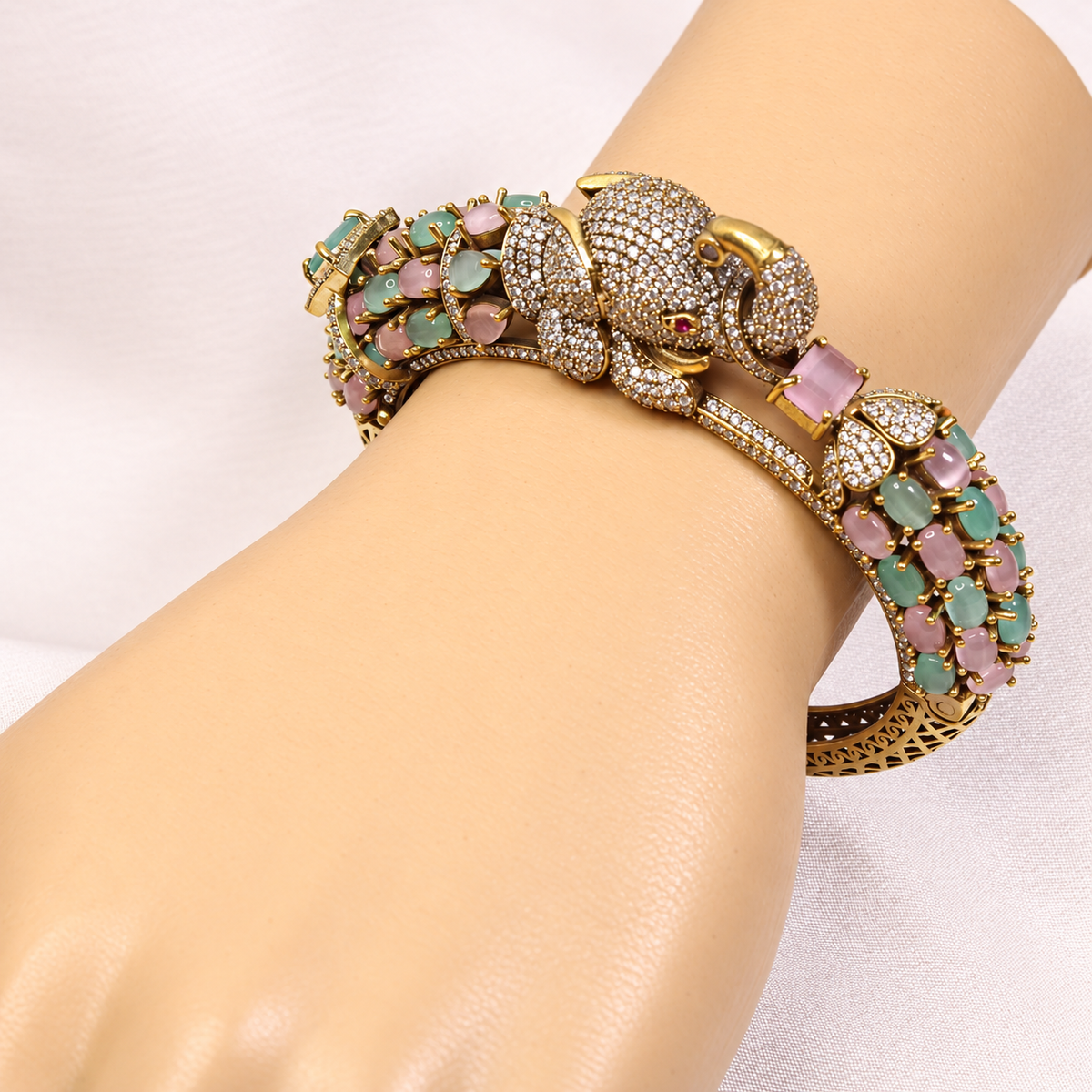 Elephant Motif Stone-Studded Openable Kada - Pink and Mint — retouched original photograph IMG_7841