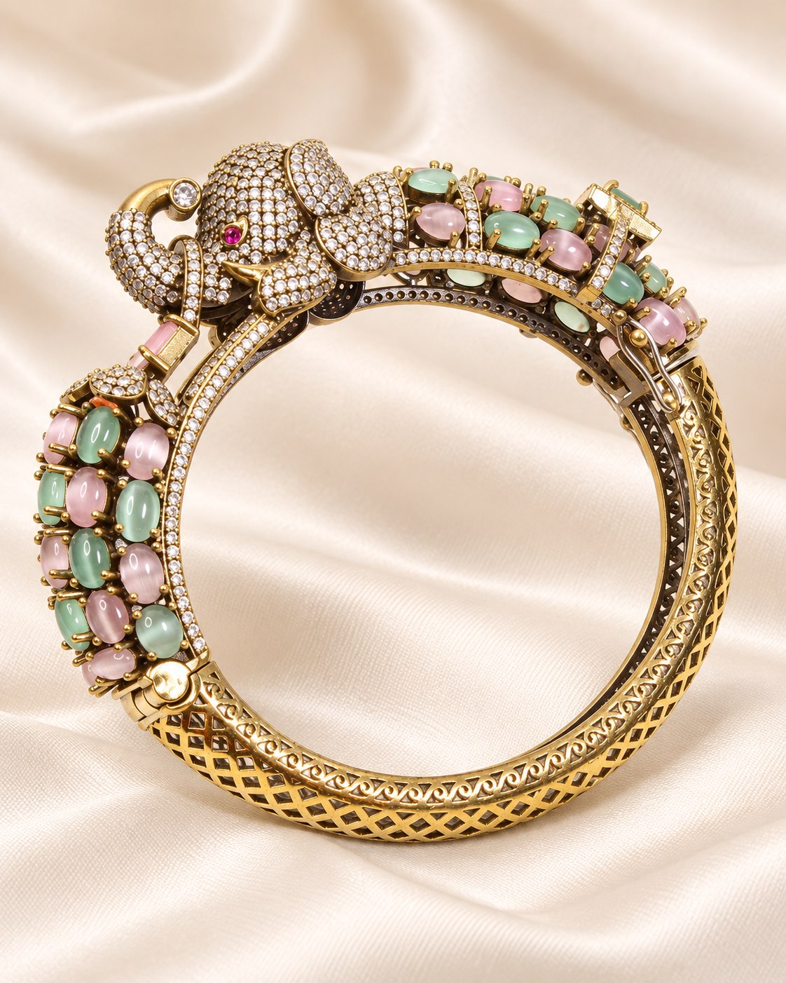 Elephant Motif Stone-Studded Openable Kada - Pink and Mint — AI-styled closeup view