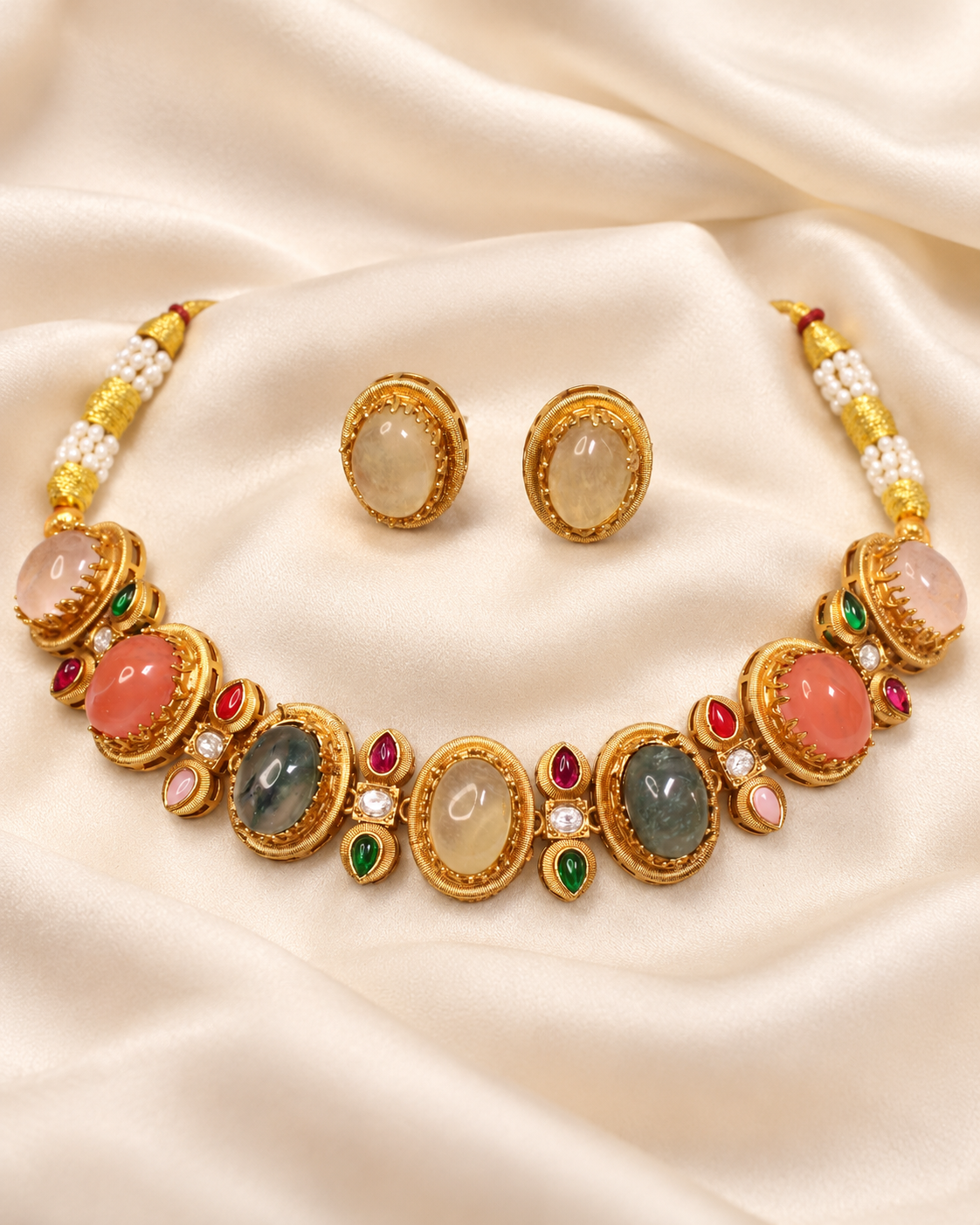 Oval Multicolour Stone Collar Necklace Set - Champagne Earrings — AI-styled closeup view