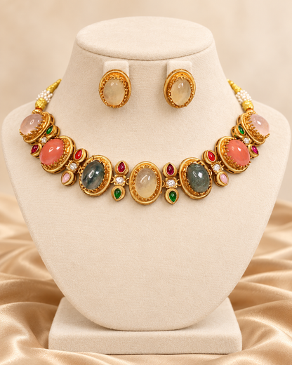 Oval Multicolour Stone Collar Necklace Set - Champagne Earrings — AI-styled mannequin view