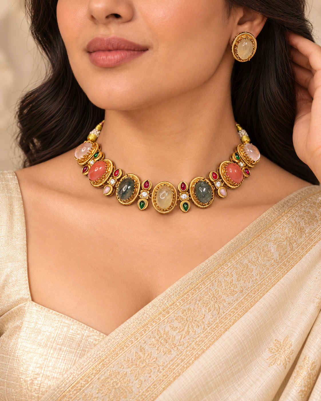 Oval Multicolour Stone Collar Necklace Set - Champagne Earrings — AI-styled model view