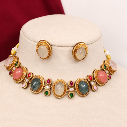 Oval Multicolour Stone Collar Necklace Set - Champagne Earrings — retouched original photograph IMG_8242