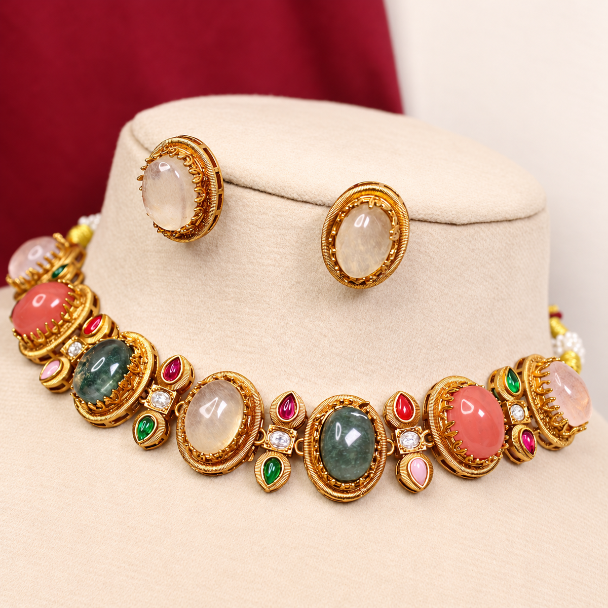 Oval Multicolour Stone Collar Necklace Set - Champagne Earrings — retouched original photograph IMG_8243
