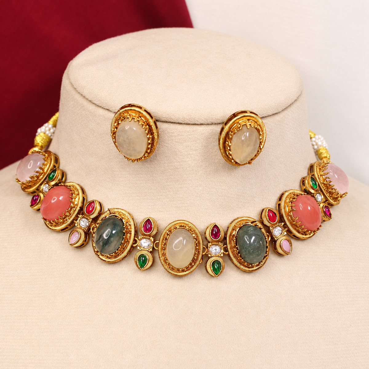 Oval Multicolour Stone Collar Necklace Set - Champagne Earrings — retouched original photograph IMG_8244
