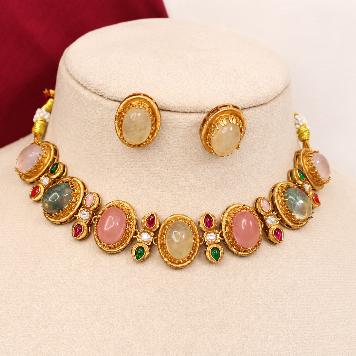 Oval Multicolour Stone Collar Necklace Set - Champagne Earrings — retouched original photograph IMG_8245