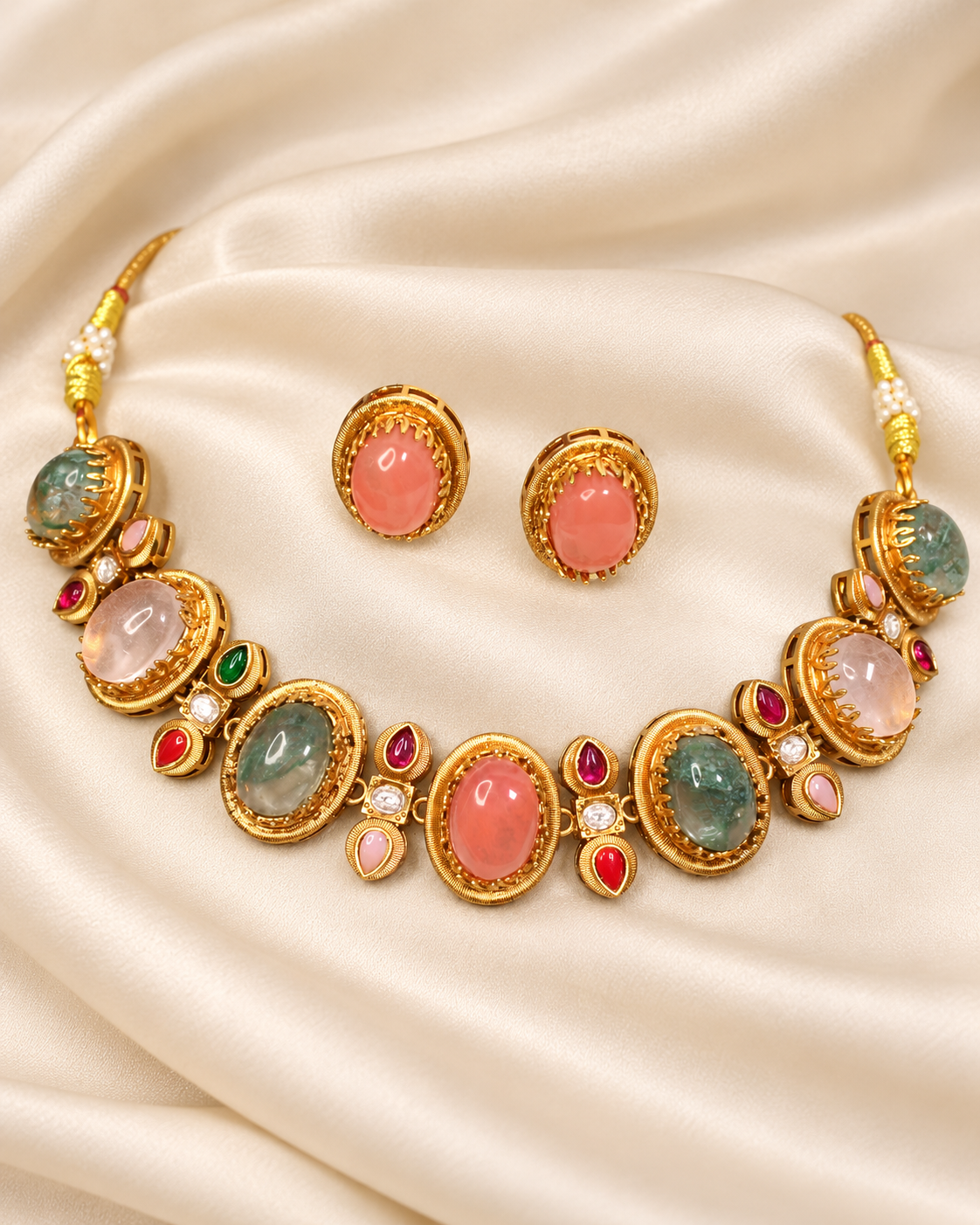 Oval Multicolour Stone Collar Necklace Set - Pink Earrings — AI-styled closeup view