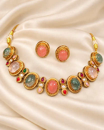 Oval Multicolour Stone Collar Necklace Set - Pink Earrings — AI-styled closeup view