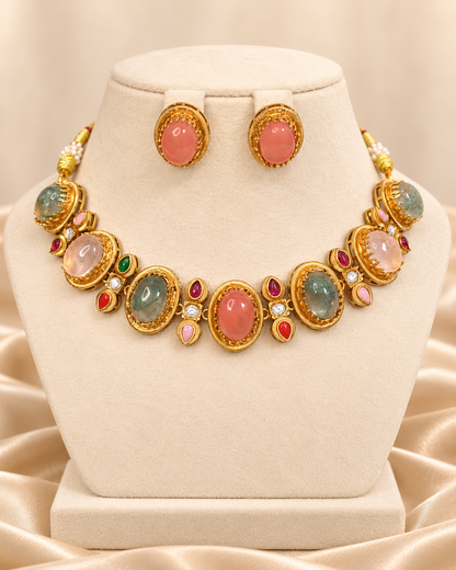 Oval Multicolour Stone Collar Necklace Set - Pink Earrings — AI-styled mannequin view