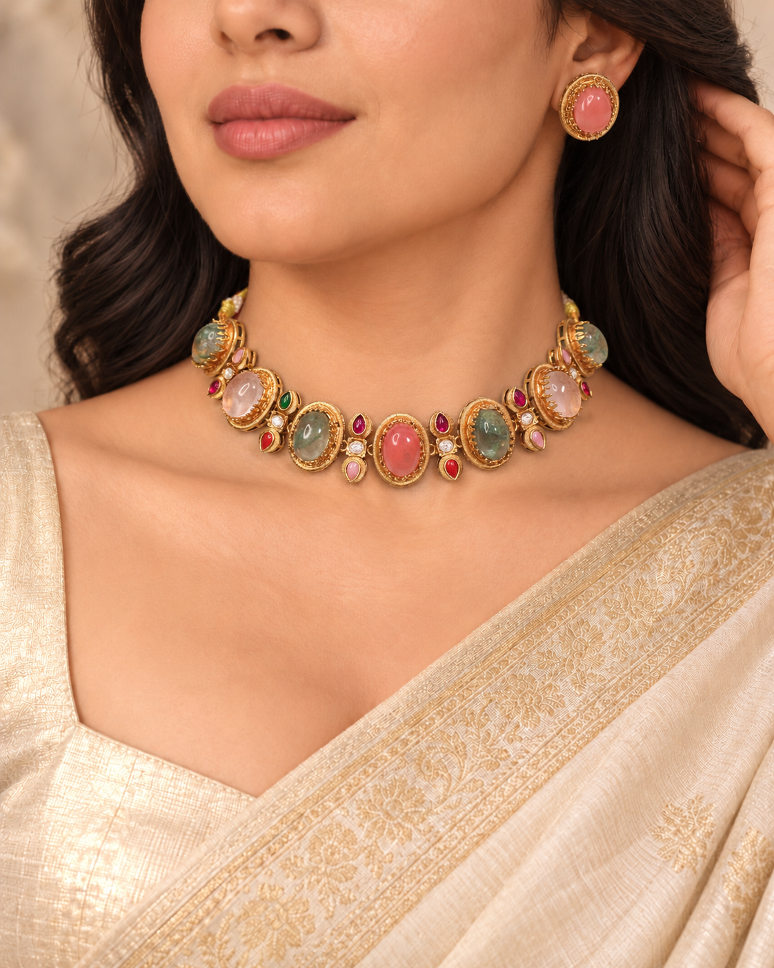 Oval Multicolour Stone Collar Necklace Set - Pink Earrings — AI-styled model view