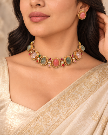 Oval Multicolour Stone Collar Necklace Set - Pink Earrings — AI-styled model view