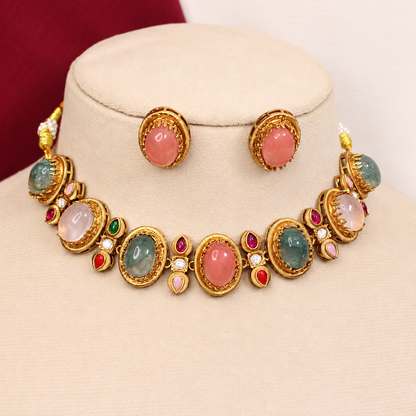Oval Multicolour Stone Collar Necklace Set - Pink Earrings — retouched original photograph IMG_8246