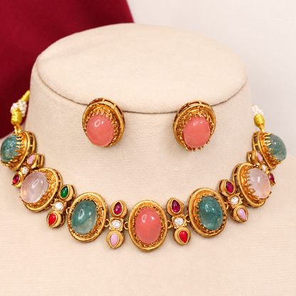 Oval Multicolour Stone Collar Necklace Set - Pink Earrings — retouched original photograph IMG_8247
