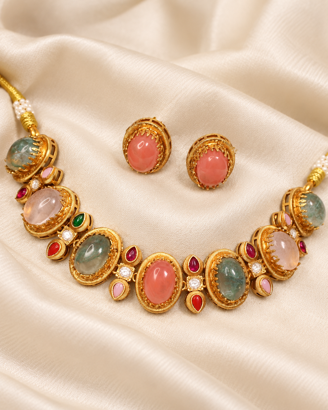 Oval Multicolour Stone Collar Necklace Set - Pink Earrings — AI-styled ornament detail view