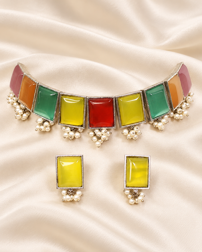 Rectangular Stone Pearl-Style Fringe Choker Set - Multicolour — AI-styled closeup view