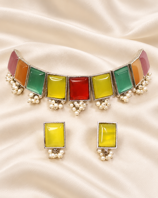 Rectangular Stone Pearl-Style Fringe Choker Set - Multicolour — AI-styled closeup view