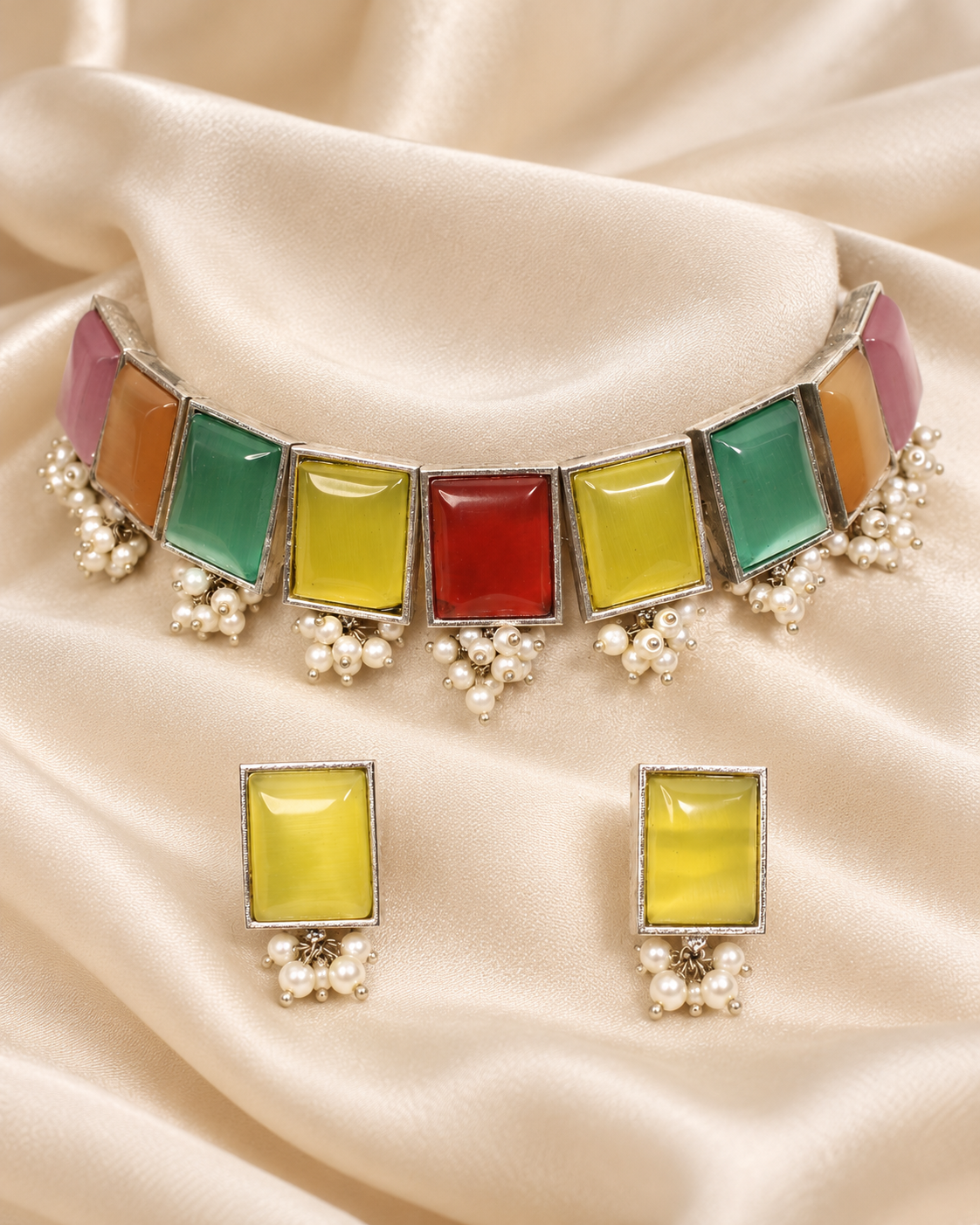 Rectangular Stone Pearl-Style Fringe Choker Set - Multicolour — AI-styled earring detail view