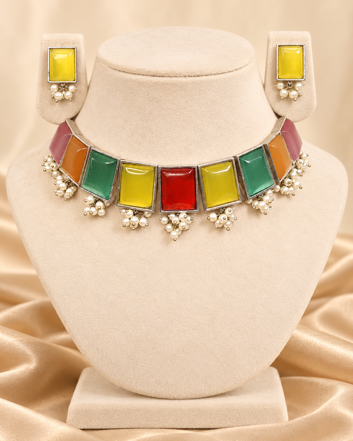 Rectangular Stone Pearl-Style Fringe Choker Set - Multicolour — AI-styled mannequin view