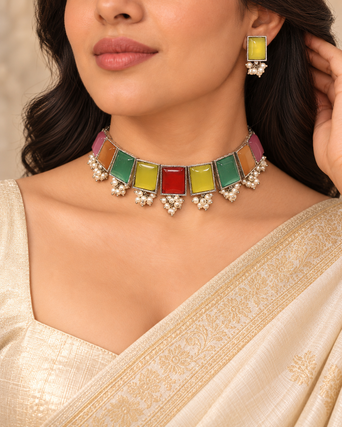 Rectangular Stone Pearl-Style Fringe Choker Set - Multicolour — AI-styled model view