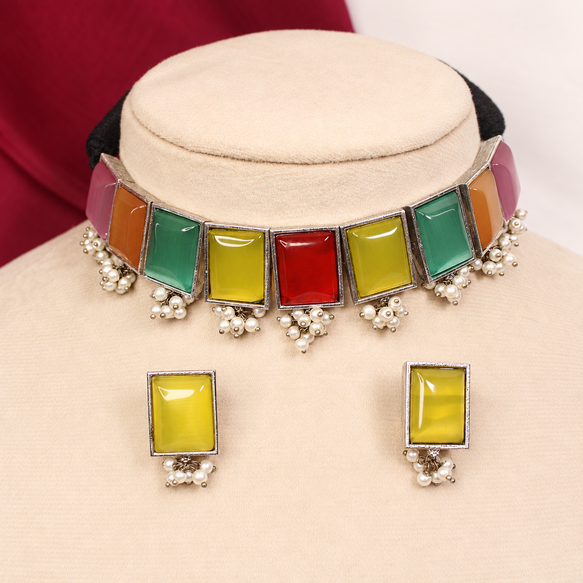 Rectangular Stone Pearl-Style Fringe Choker Set - Multicolour — retouched original photograph IMG_8262