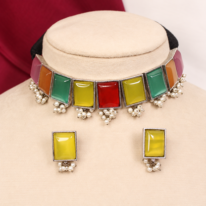 Rectangular Stone Pearl-Style Fringe Choker Set - Multicolour — retouched original photograph IMG_8262