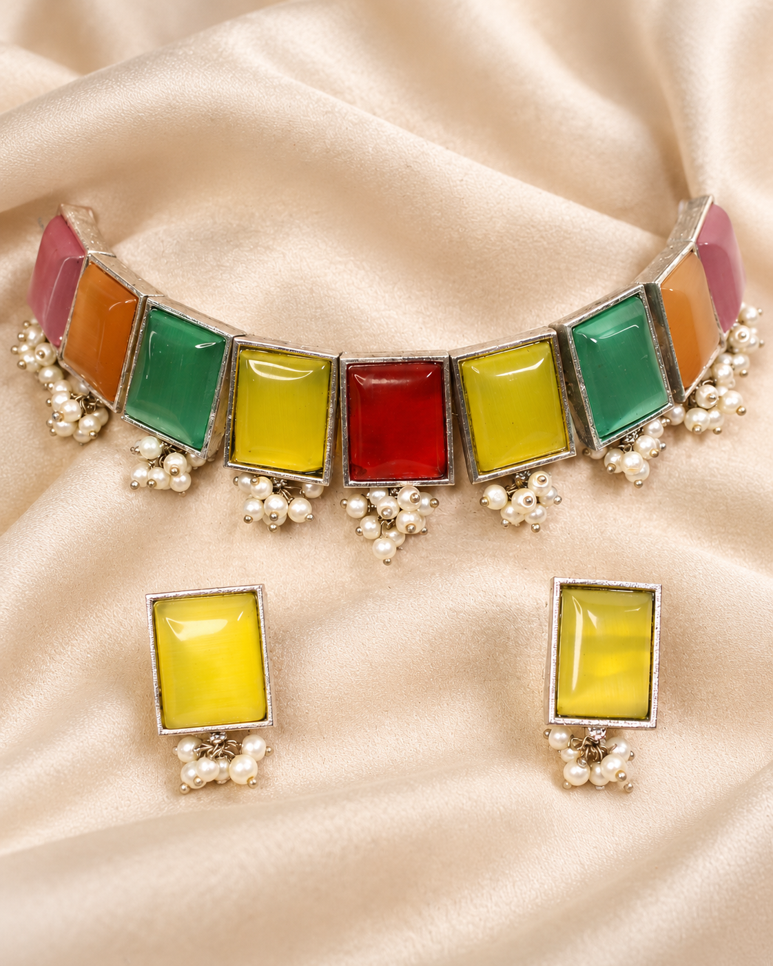 Rectangular Stone Pearl-Style Fringe Choker Set - Multicolour — AI-styled ornament detail view