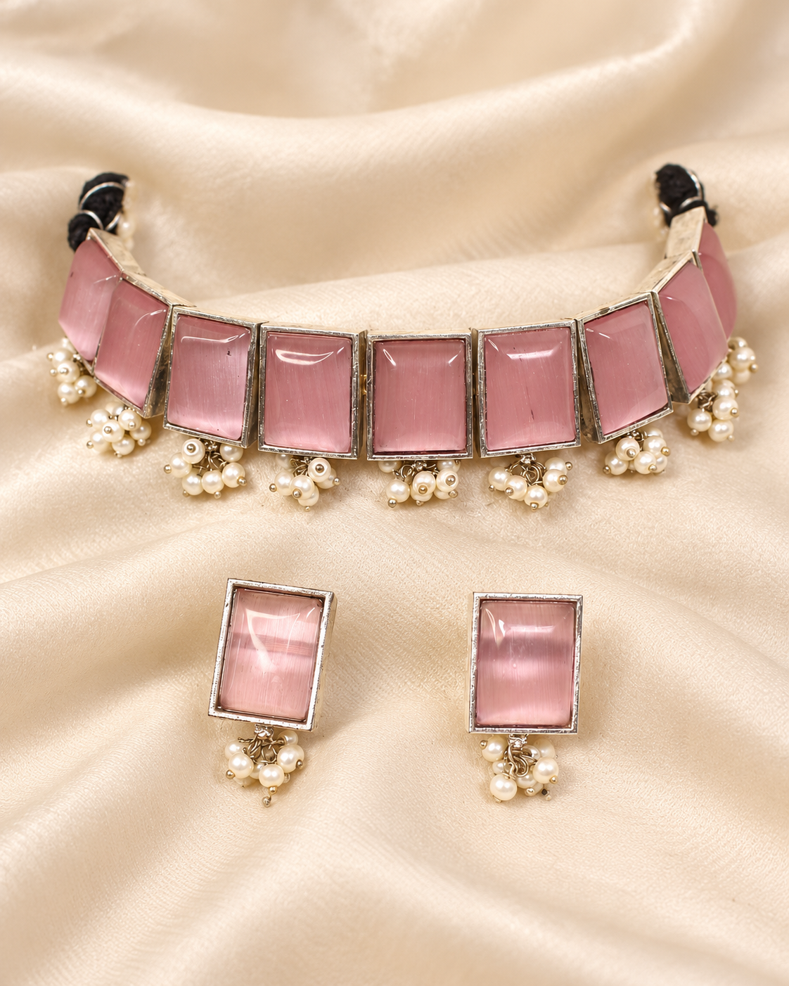 Rectangular Stone Pearl-Style Fringe Choker Set - Pink — AI-styled earring detail view