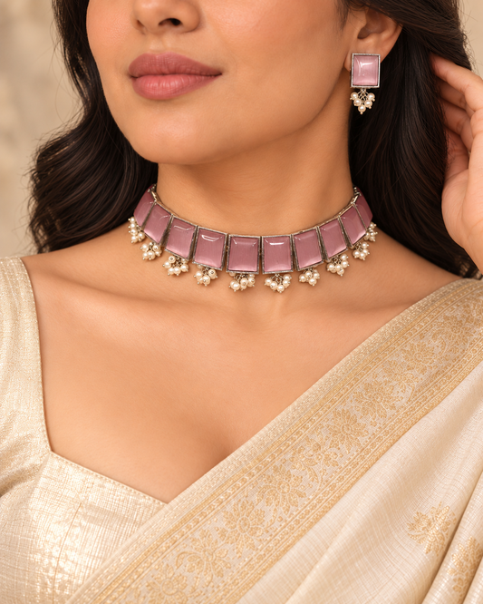 Rectangular Stone Pearl-Style Fringe Choker Set - Pink — AI-styled model view