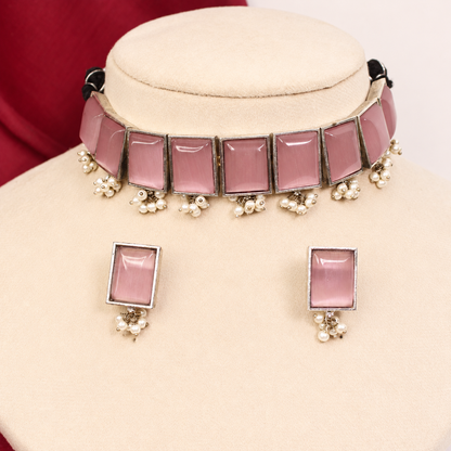 Rectangular Stone Pearl-Style Fringe Choker Set - Pink — retouched original photograph IMG_8264