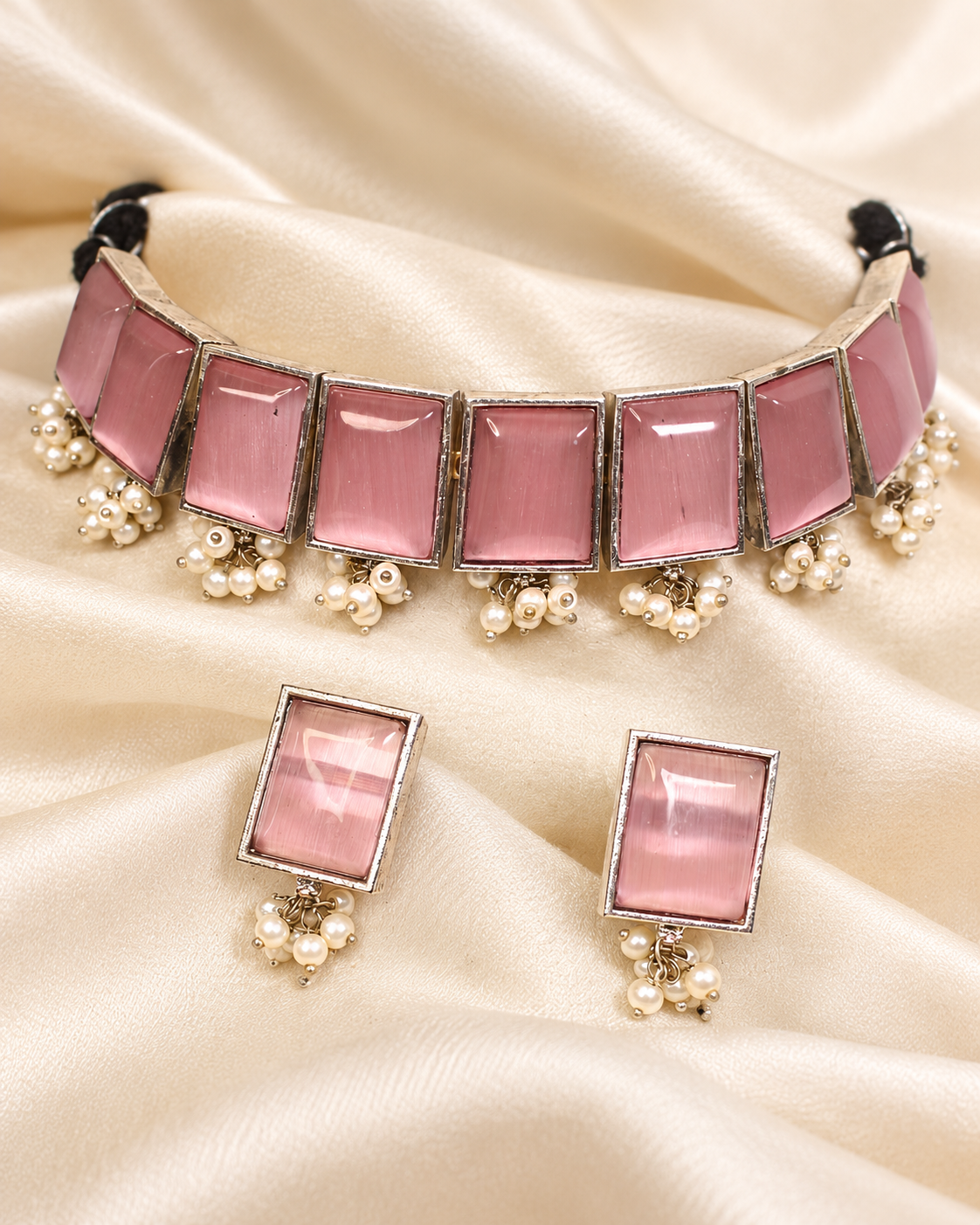 Rectangular Stone Pearl-Style Fringe Choker Set - Pink — AI-styled ornament detail view
