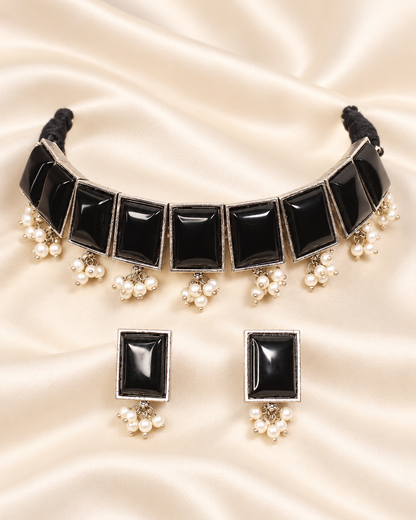 Rectangular Stone Pearl-Style Fringe Choker Set - Black — AI-styled closeup view