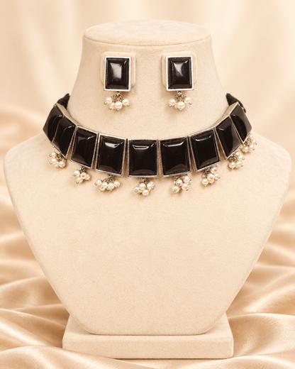 Rectangular Stone Pearl-Style Fringe Choker Set - Black — AI-styled mannequin view