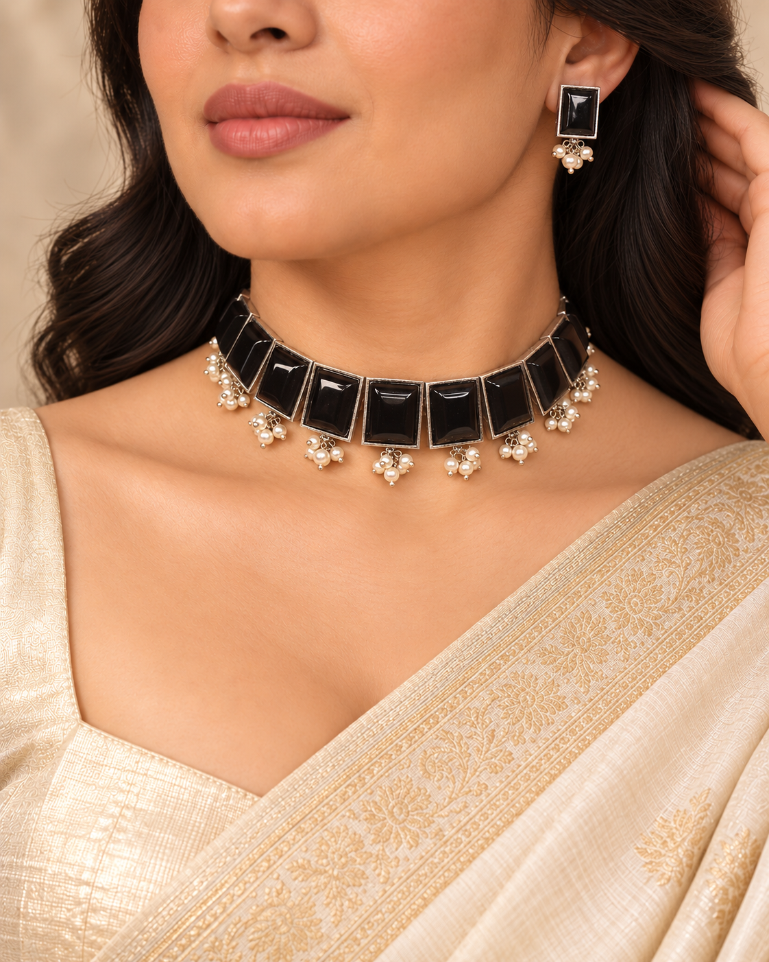 Rectangular Stone Pearl-Style Fringe Choker Set - Black — AI-styled model view
