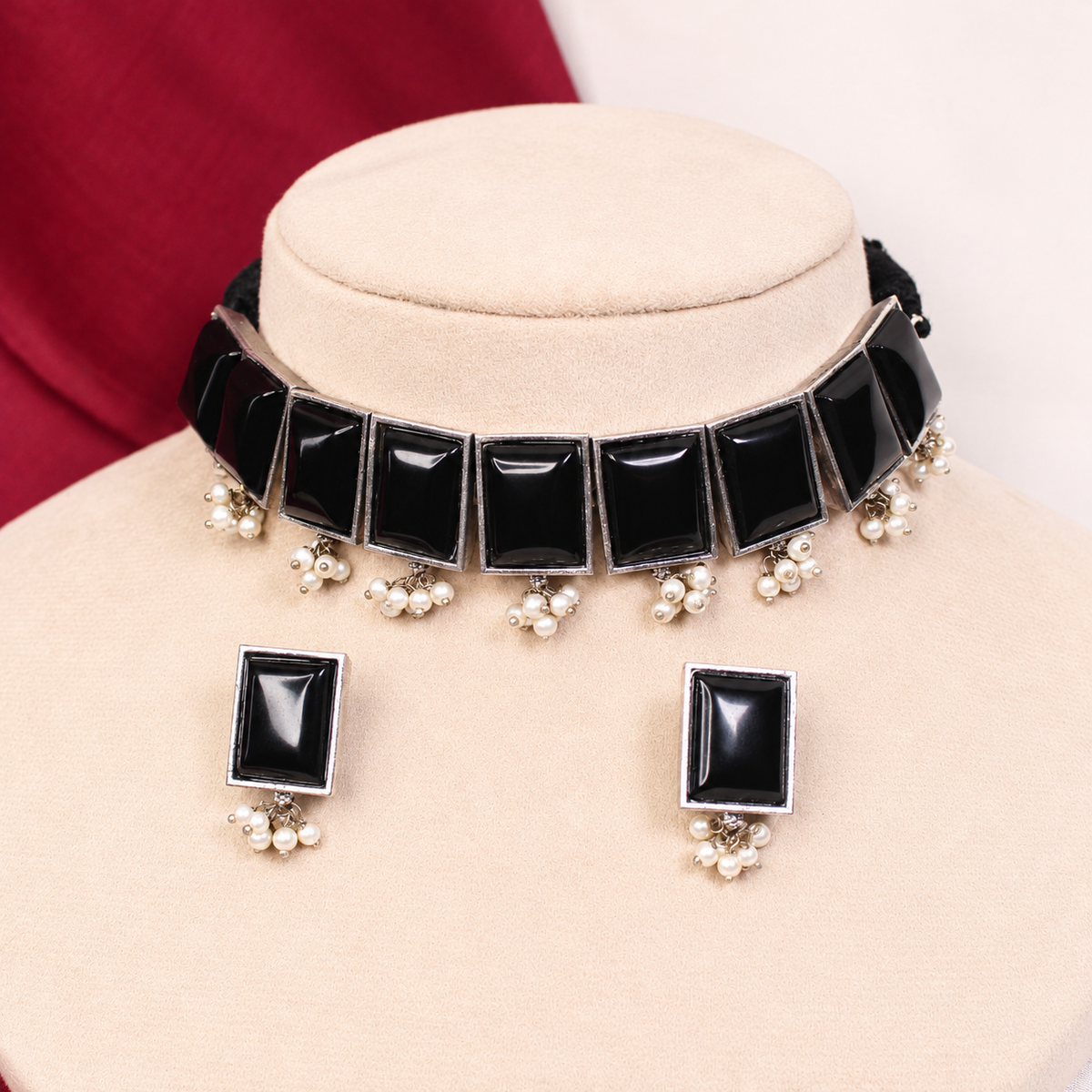 Rectangular Stone Pearl-Style Fringe Choker Set - Black — retouched original photograph IMG_8266