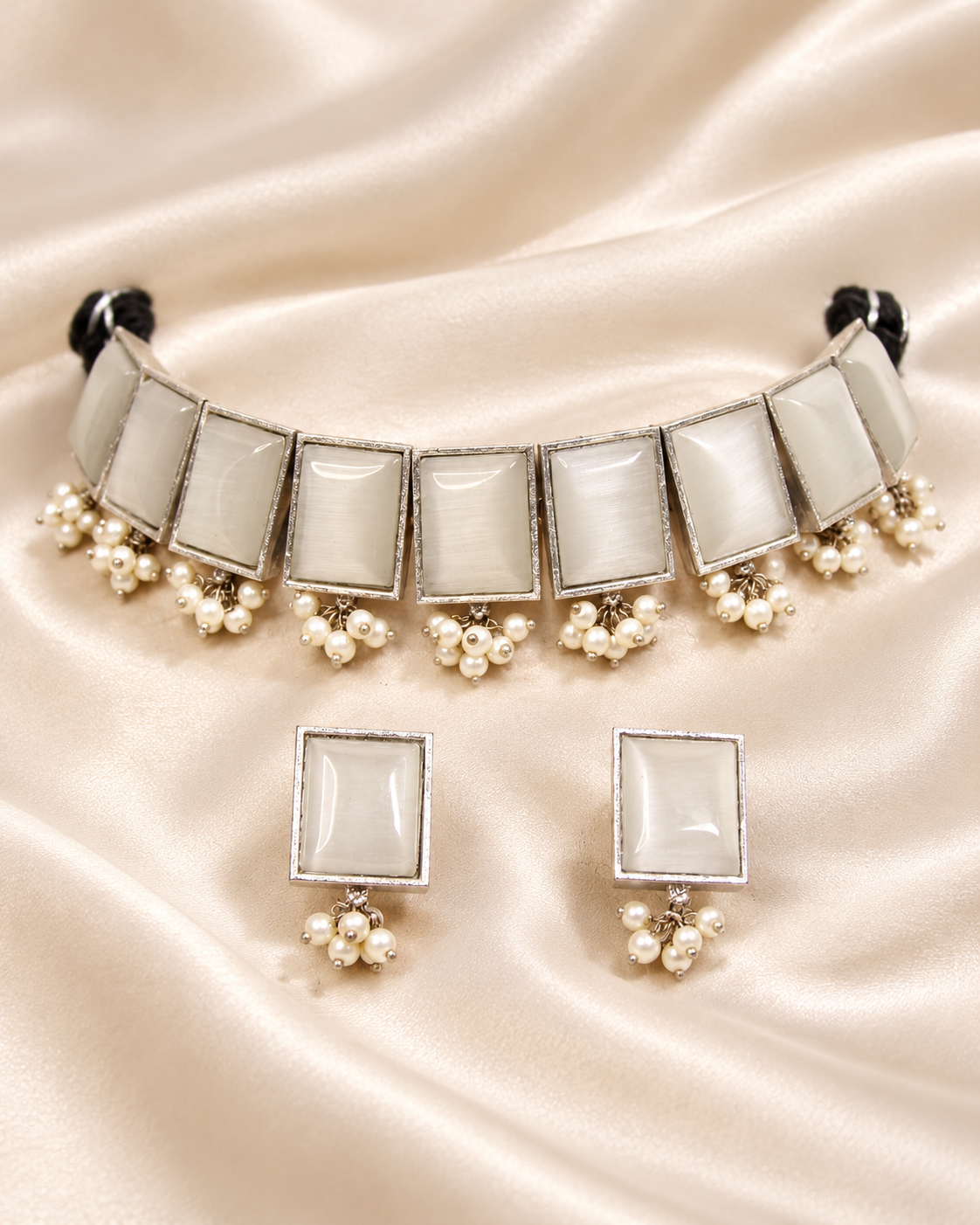 Rectangular Stone Pearl-Style Fringe Choker Set - White — AI-styled closeup view
