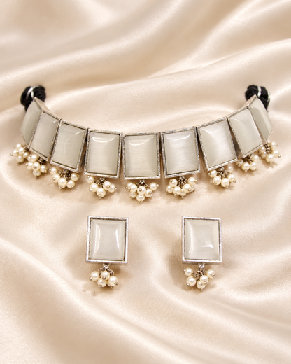 Rectangular Stone Pearl-Style Fringe Choker Set - White — AI-styled closeup view