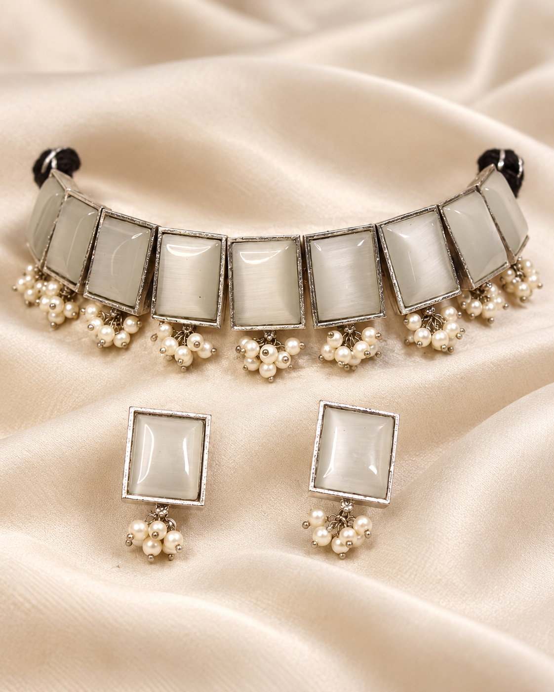 Rectangular Stone Pearl-Style Fringe Choker Set - White — AI-styled earring detail view